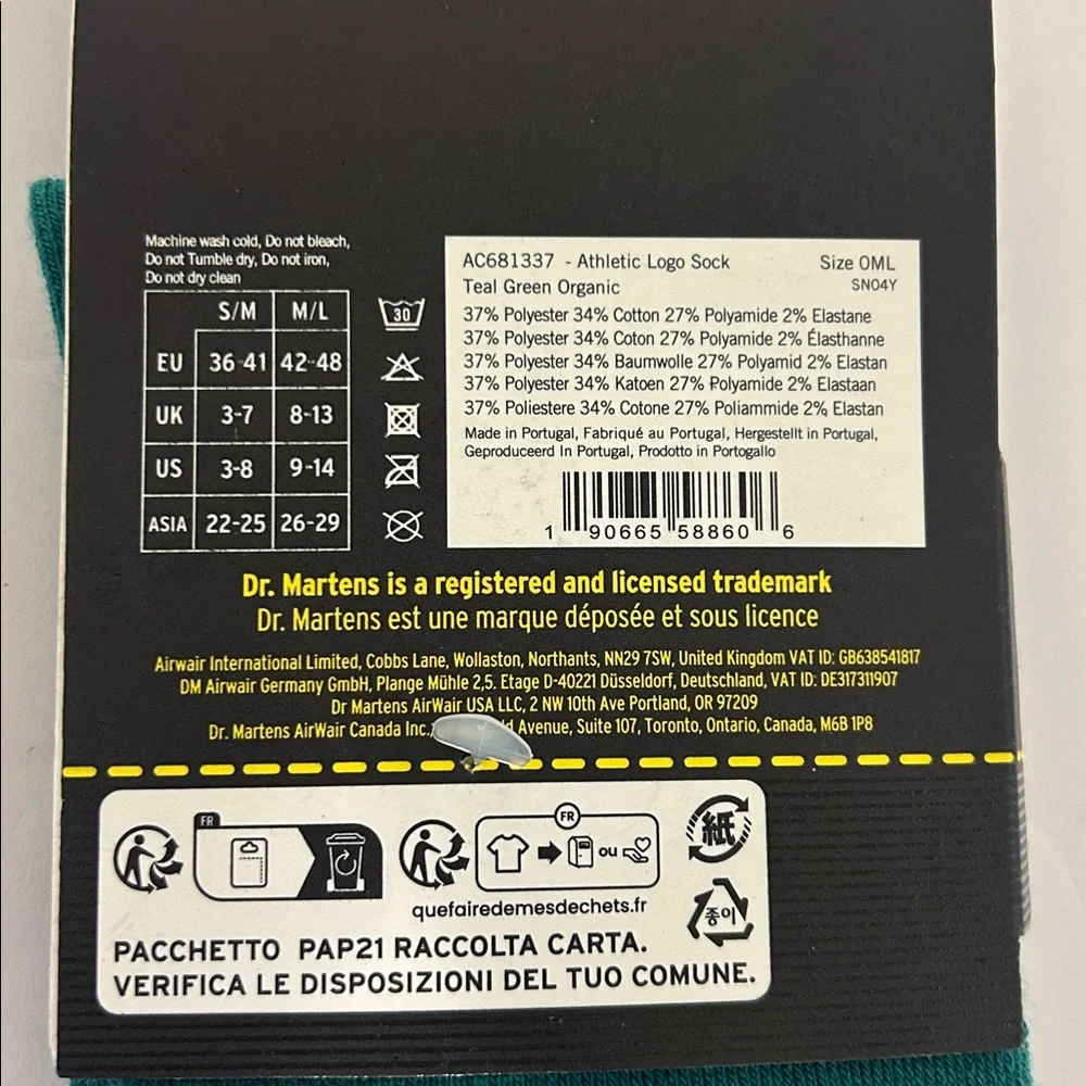 Dr. Martens M/L teal green athletic logo socks crew US size 9-14 - Picture 3 of 3